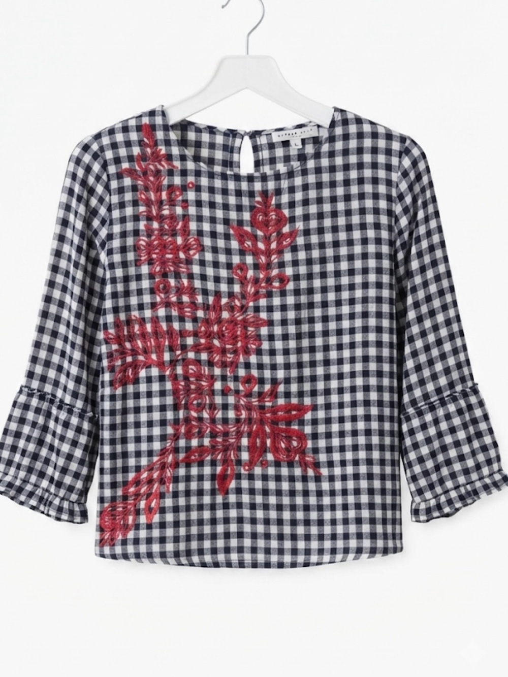 Current Air Gingham Floral Embroidered Blouse Size M Medium Blue White EUC
